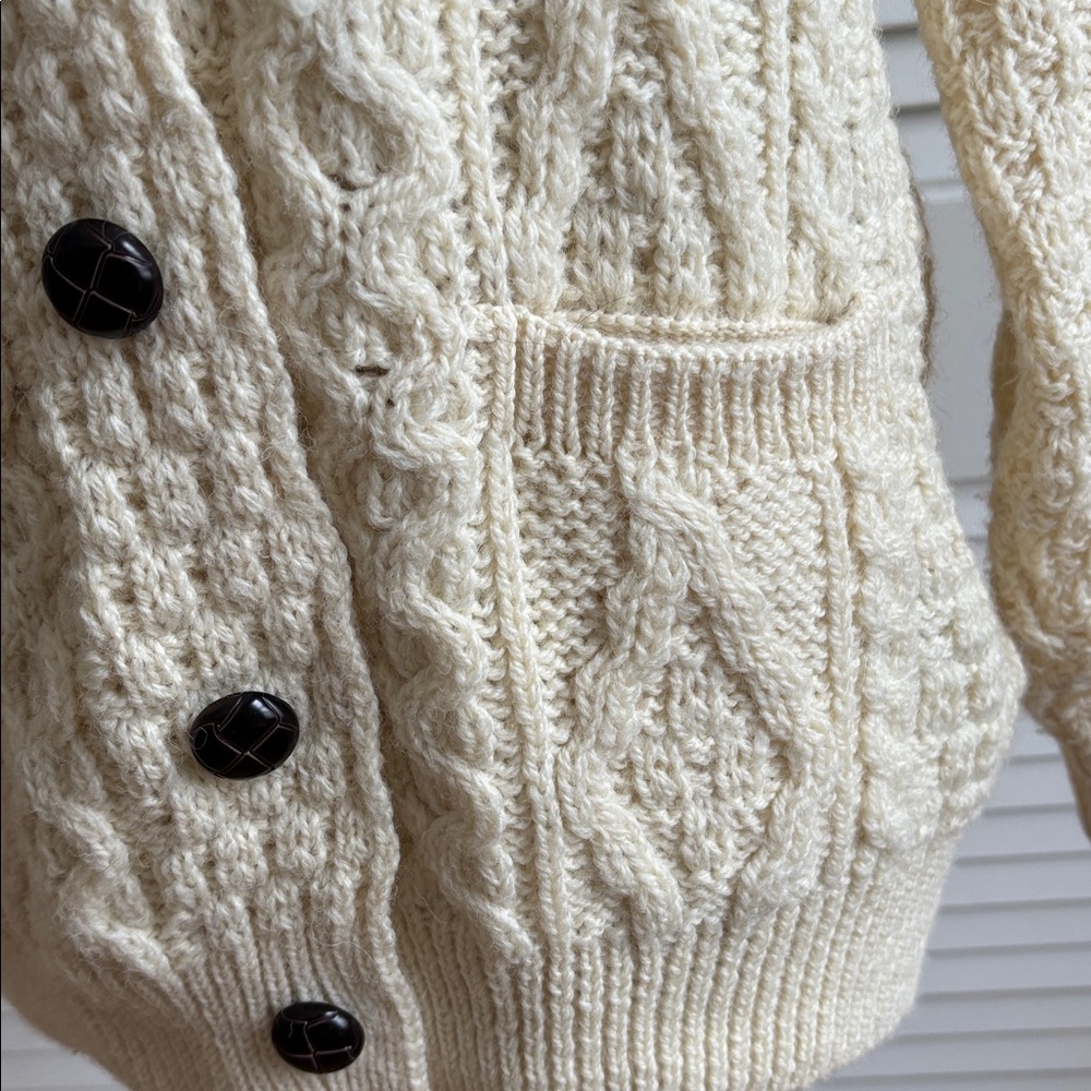 Aran Cardigan Cable Knit Sweater Pockets L - Picture 3 of 10